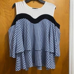 Shoulder cutout checkered blouse